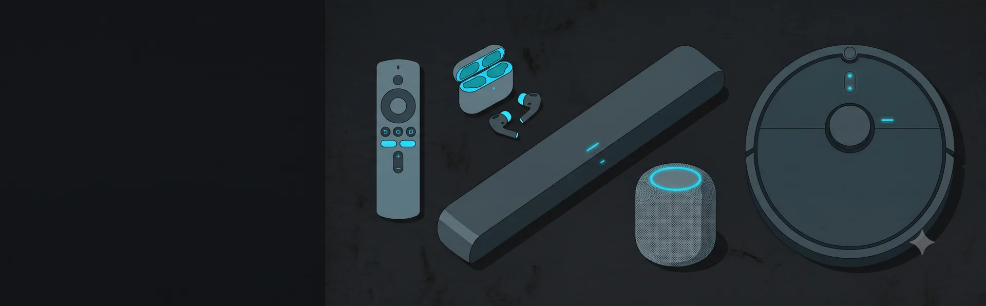 GadgetGuiders — illustrated home tech devices with cyan accents on a dark background